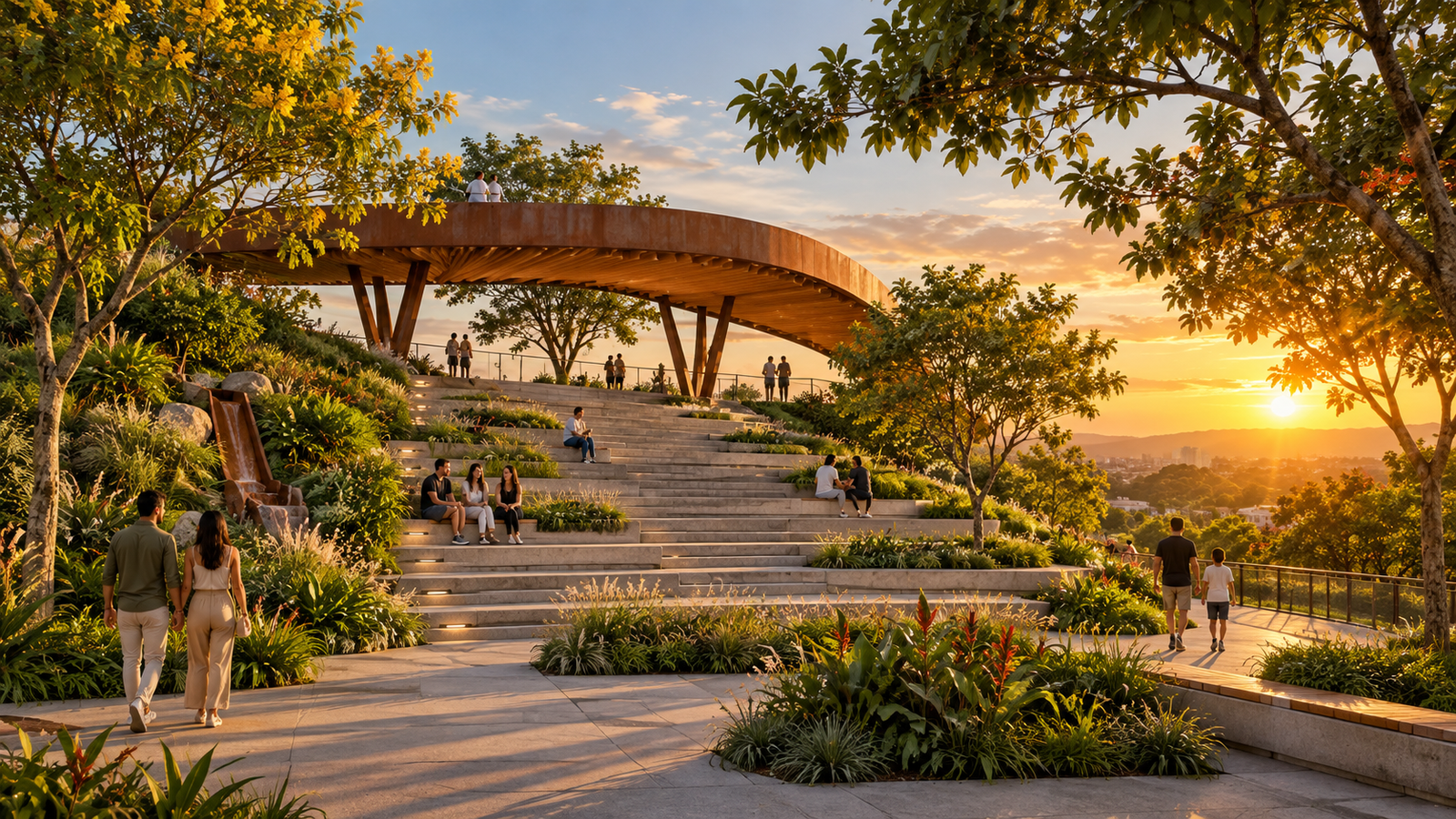 Anfiteatro e área de convivência ao pôr do sol